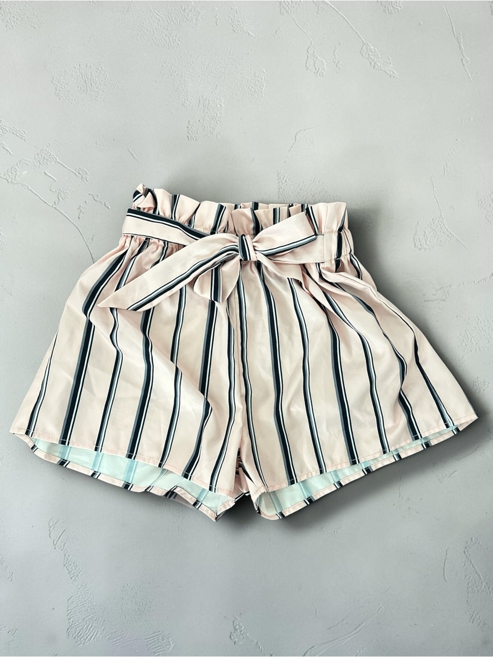 SHEIN Pink and Black Striped High Waist Paperbag Shorts with Tie Youth 11/12
